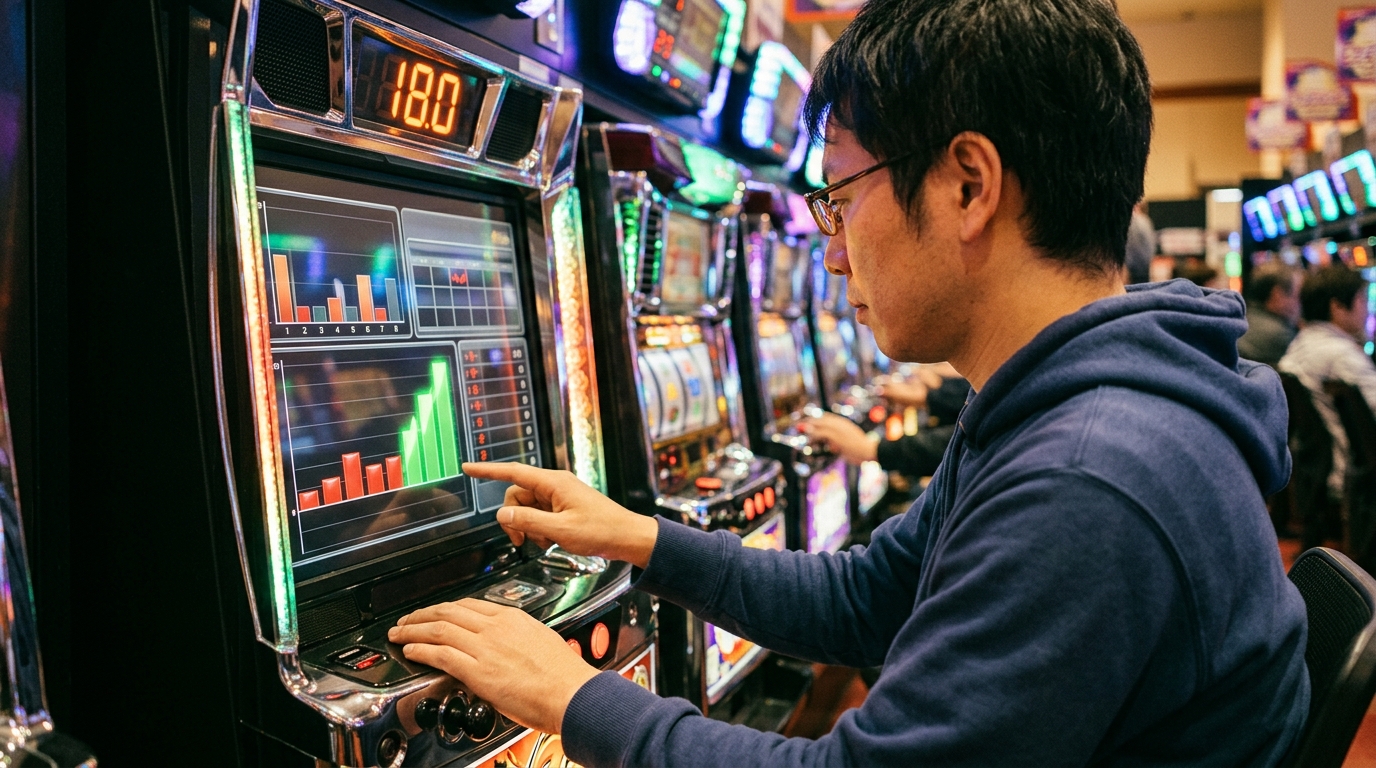 スロットの台選びでデータを見るイメージ